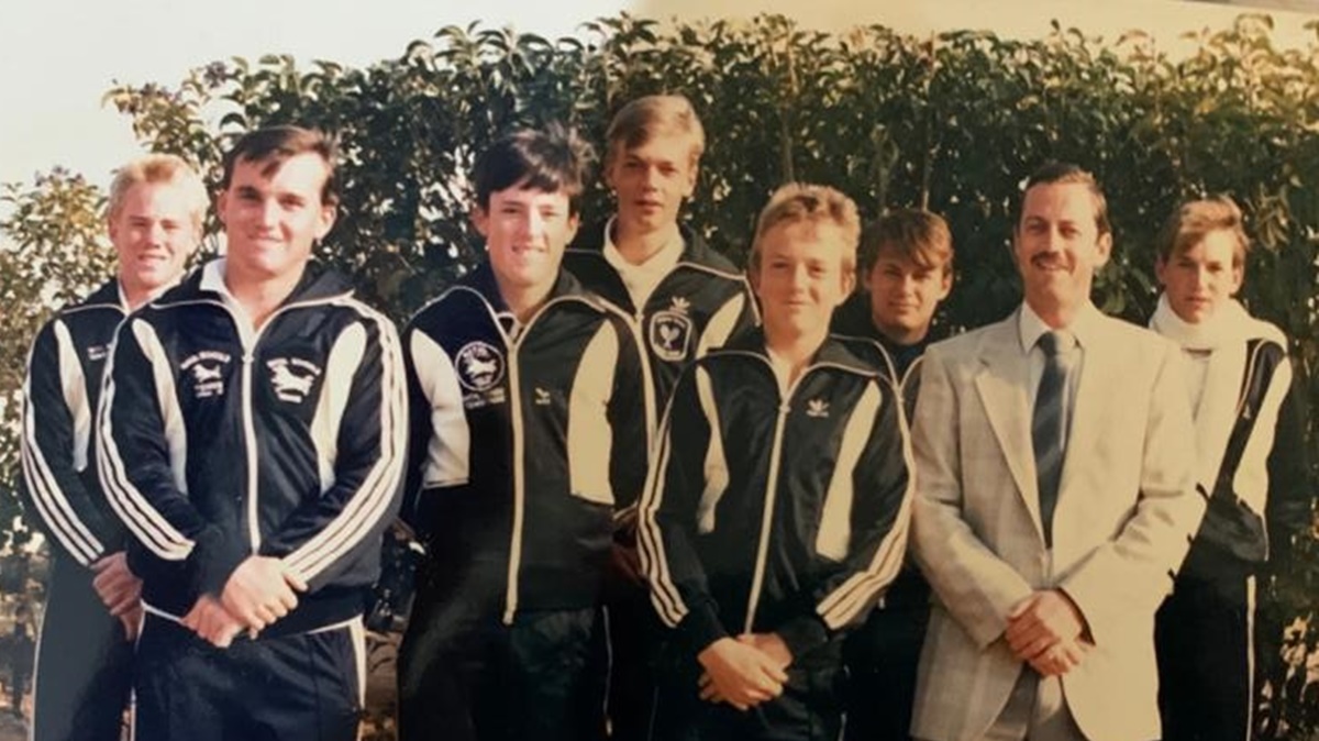 At the Inter-provincial Schools Tennis Tournament in Bloemfontein, with Damian Mustard (Pinetown), Garth Furmidge (Michaelhouse), Ryan Fitzwilliam (Northlands), Roger Mills (Westville), Kevin Ullyett (Beachwood), Clint Lishman (Grosvenor), teacher Gary Coombe (Beachwood) and Kirk Haygarth (Westville).