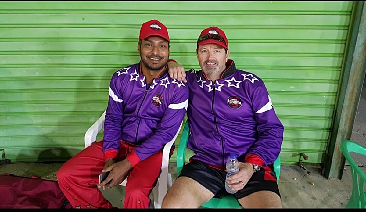 One of the true greats of the game, Sri Lankan batsman Kumar Sangakkara, with Andrew at the 2016 Masters Champions League.