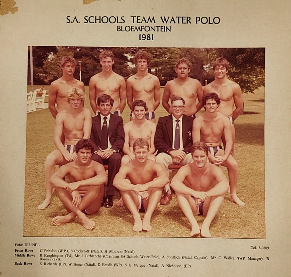 Andrew Shedlock, captain of the South African Schools waterpolo team in 1981, with Steve La Marque second from right in the back row.