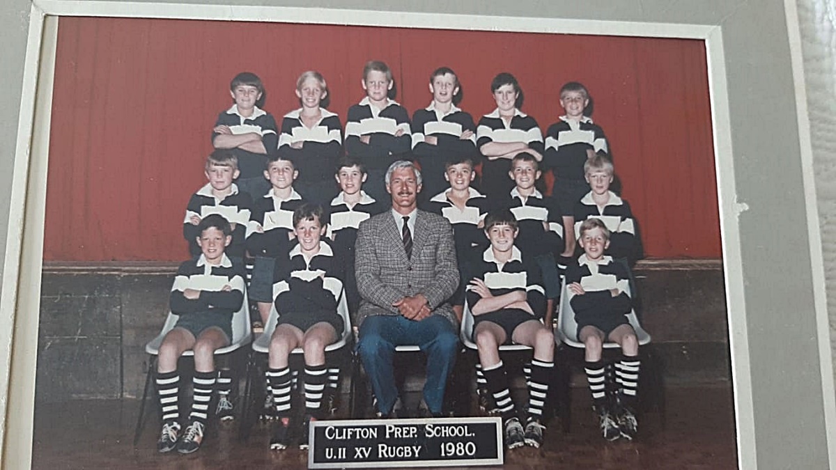 The author of this story, Brad Morgan (front left), next to Jem Nel (second from left), with 1987 Hilton College captain Rory Dyer to the right of teacher John Farren. Craig Hanbury-King, who played in the Kearsney 1st XV of 1987, is featured second from left in the middle row. Bruce Herbert, the 1986 Michaelhouse captain, is third from the left in the third row.