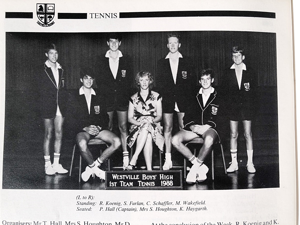 The Westville 1st tennis team of 1988 included three players who would go on to play the game professionally: Robbie Koenig, Myles Wakefield and Kirk Haygarth.