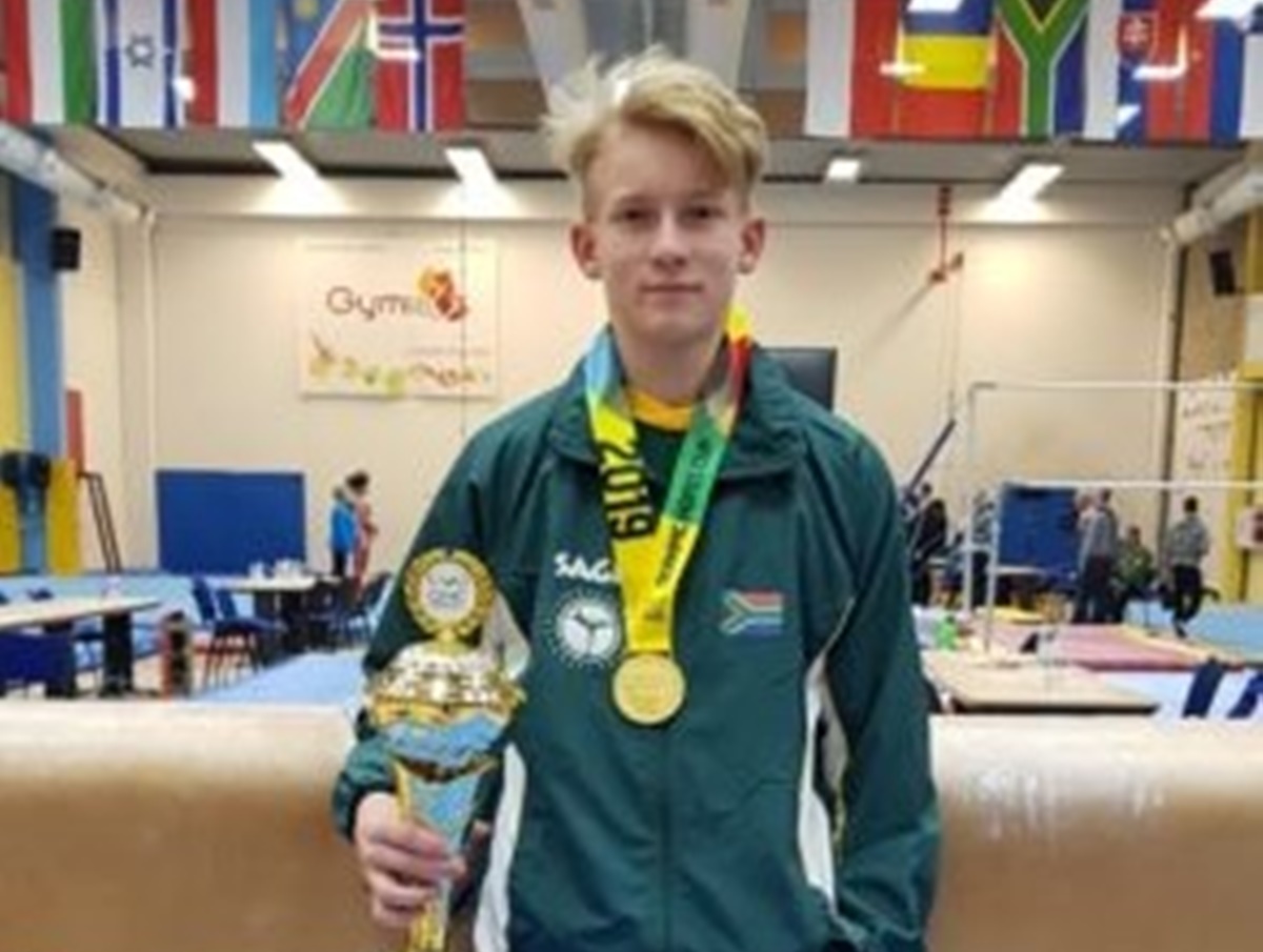 Luke won gold on the vault at the Olympic Hopes event in Prague at the end of 2019. (Photo: South African Gymnastics Federation, https://www.sagf.co.za/)