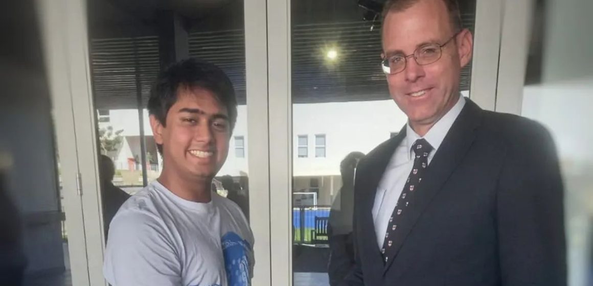 A beaming Abhay Singh is congratulated by Clifton's Executive Headmaster, Clyde MacDonald, on a superb set of results in the 2022 IEB matric exams.