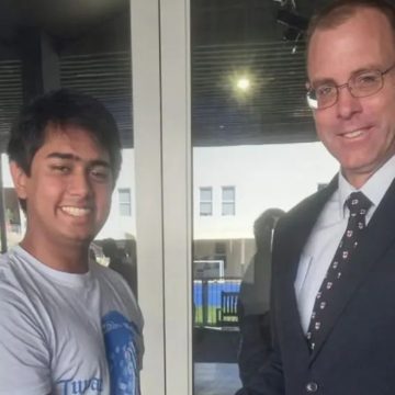 A beaming Abhay Singh is congratulated by Clifton's Executive Headmaster, Clyde MacDonald, on a superb set of results in the 2022 IEB matric exams.