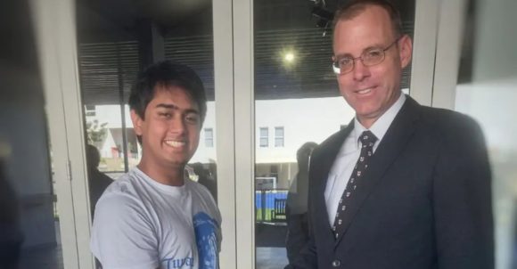 A beaming Abhay Singh is congratulated by Clifton's Executive Headmaster, Clyde MacDonald, on a superb set of results in the 2022 IEB matric exams.