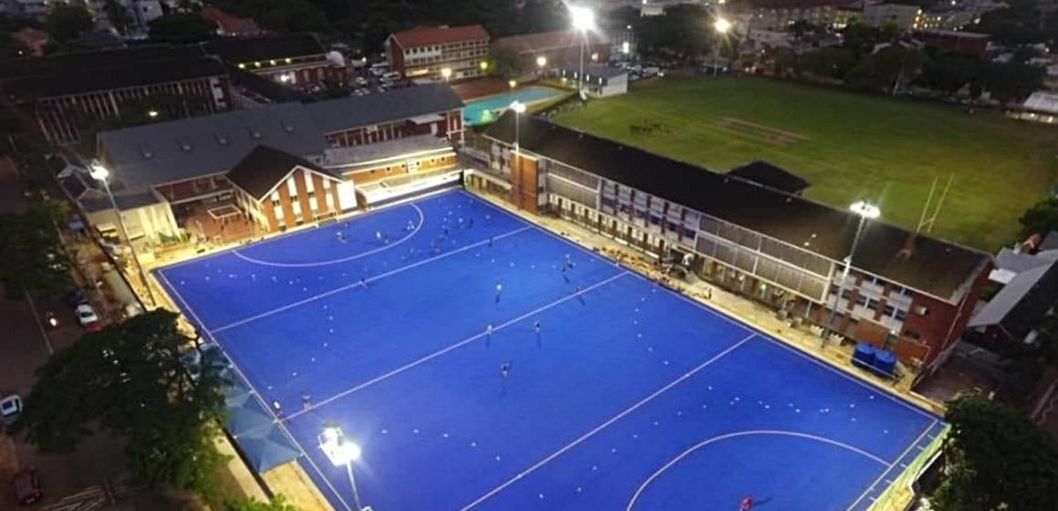 The DHS Blue and Gold Astroturf by night, February 2023.