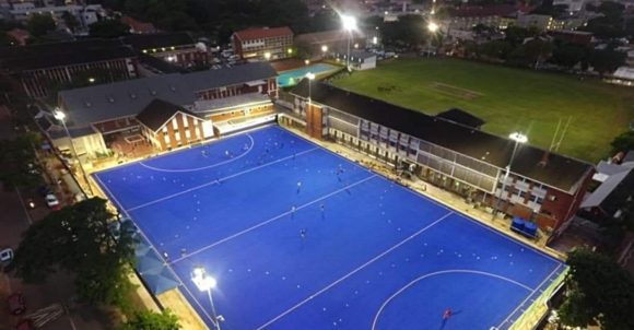 The DHS Blue and Gold Astroturf by night, February 2023.