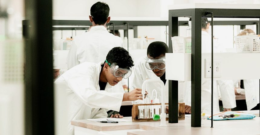 Learners at work in the new Saint Charles College science laboratory, February 2023.