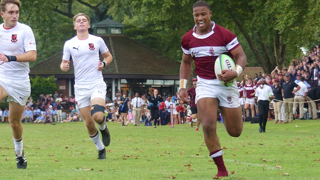 Left wing Junior Dlamini smiles just metres from the try-line before diving over to score Kearsney's second try against Clifton. (Photo: Brad Morgan)