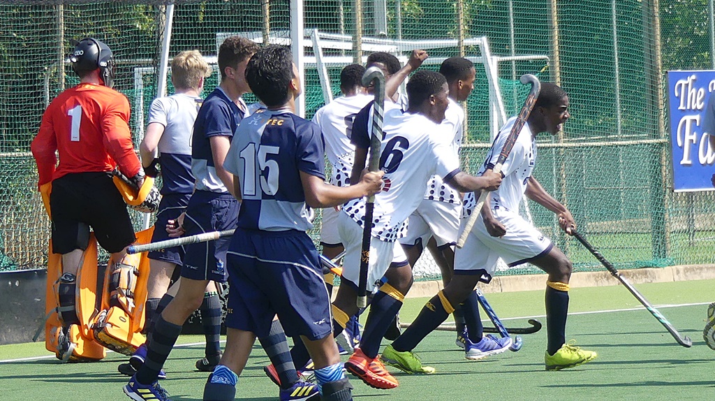 DHS celebrates a goal in their 4-0 win over a good Saint Alban's College team at the Riverside Sports Club in the Coastal Cup. (Photo: Brad Morgan)