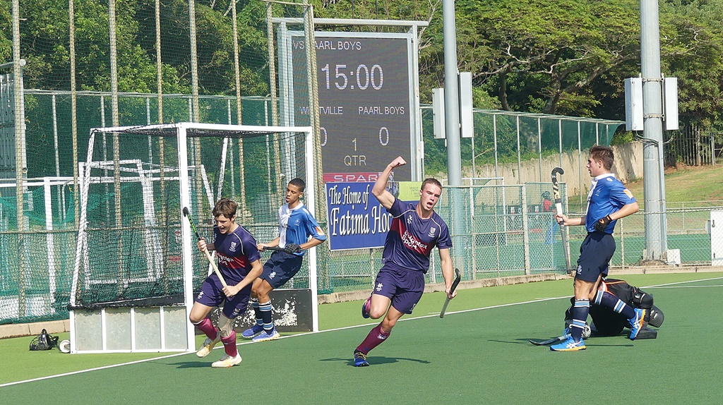 Celebration time for Westville as they bag one of their four goals against Paarl Boys' High. (Photo: Brad Morgan)