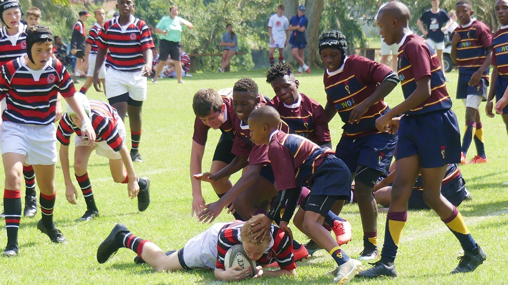 The Maritzburg College team crashes over for one of their tries in a big win over Sasolburg, Snow's, 8 April 2023. (Photo: Brad Morgan) 