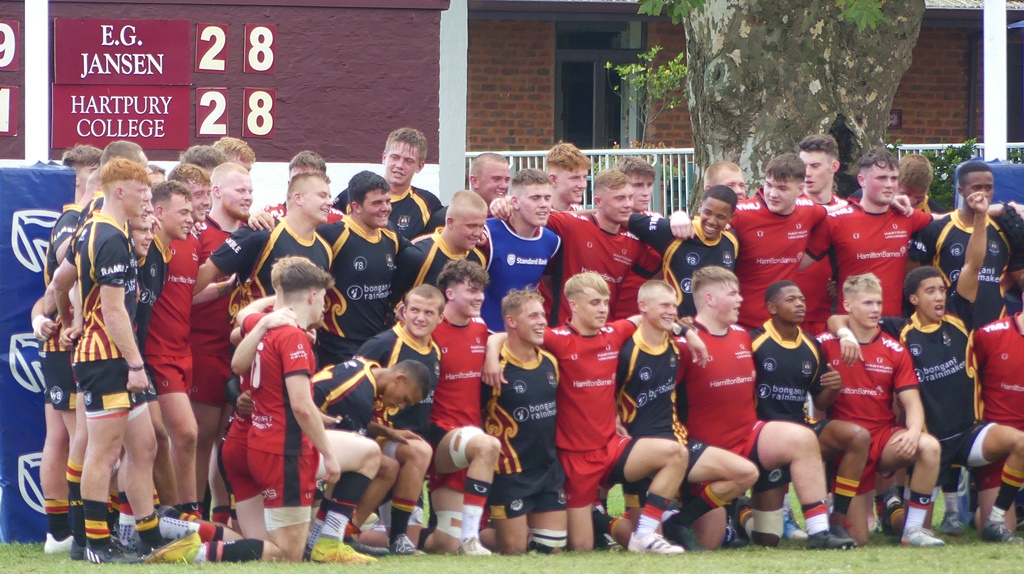 In the great tradition of rugby, Hartpury College and Dr EG Jansen went blow-for-blow on the field and then showed their appreciation for one another after the game. (Photo: Brad Morgan)