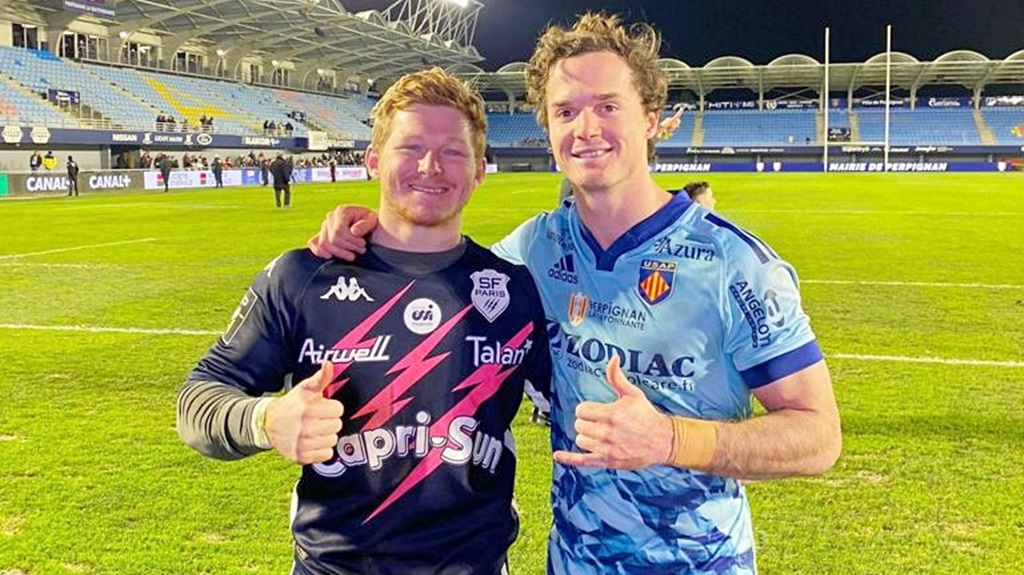 James Hall and Tristan Tedder meet in the colours of Stade Francaise and Perpignan. In the feature photo, they're in the colours of Oyonnax and Toulouse.