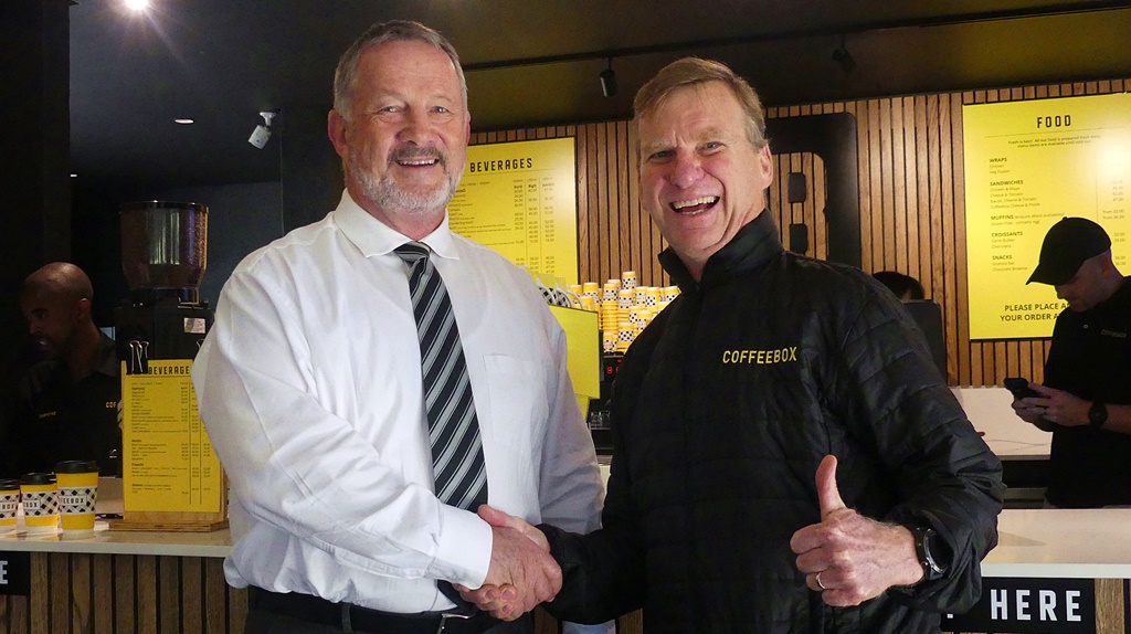 Maritzburg College Headmaster Chris Luman and Coffeebox owner Con Malherbe were both excited to see the coffee shop open its doors. (Photo: Brad Morgan)