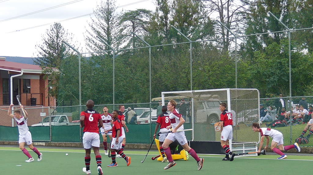 Westville peel away from the Maritzburg College goal in celebration after levelling the scores at 1-1. (Photo: Brad Morgan)