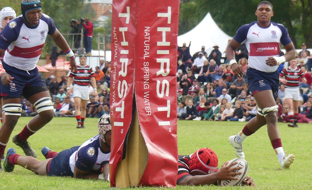 At full stretch, Sasha Kadira opened Maritzburg College's account against Westville Boys' High, Goldstone's, 13 May 2023. (Photo: Brad Morgan)