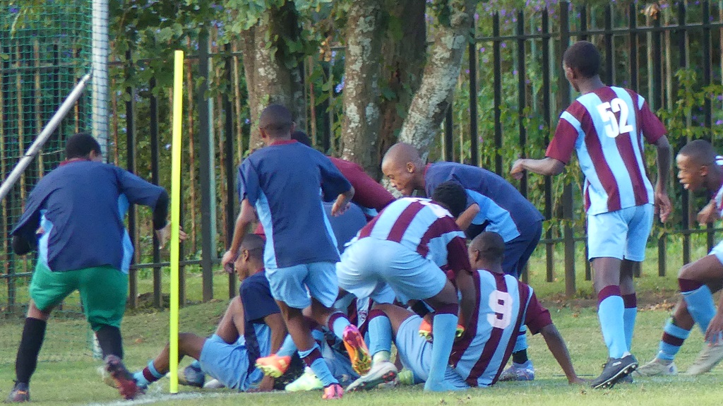 Alexandra High's goal celebration resembled a ruck on the corner flag! (Photo: Brad Morgan)