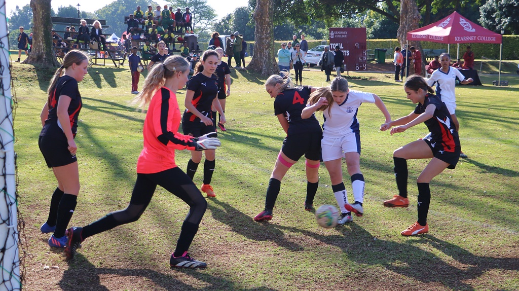 Saint Anne's put Ashton Ballito under goal mouth pressure in their clash at the Kearsney Soccer Tournament on Saturday. (Photo: Robert Carpenter)