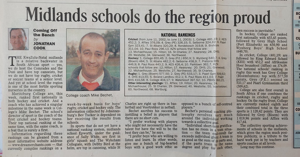 Mike Bechet coached Maritzburg College teams that were ranked number one in the country in both hockey and cricket in the same year.