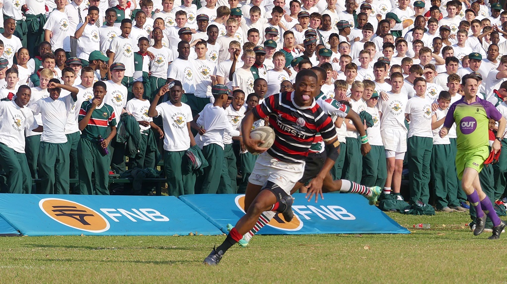 With a smile on his face, and watched by the Pretoria Boys' High supporters, Makhatini crosses for Maritzburg College's last try of the match. (Photo: Brad Morgan)