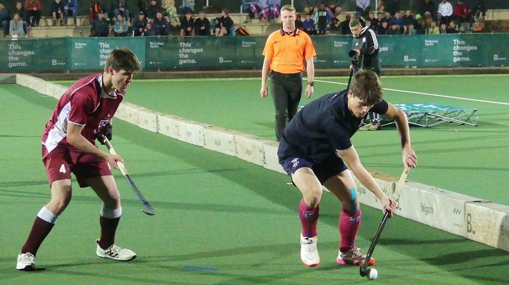 Kearsney's Matthew Mendes de Oliveira defends against Westville's Caleb van Loenen in the final of the Belgotex Sport Kearsney Hockey Fives. (Photo: Brad Morgan)