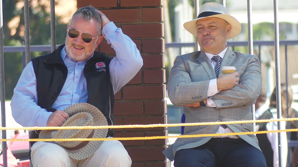 Headmasters' Chris Luman of Maritzburg College and Tony Pinheiro of DHS, share a light-hearted moment before their schools' 1st basketball teams game at DHS on 14 October 2023. (Photo: Brad Morgan)