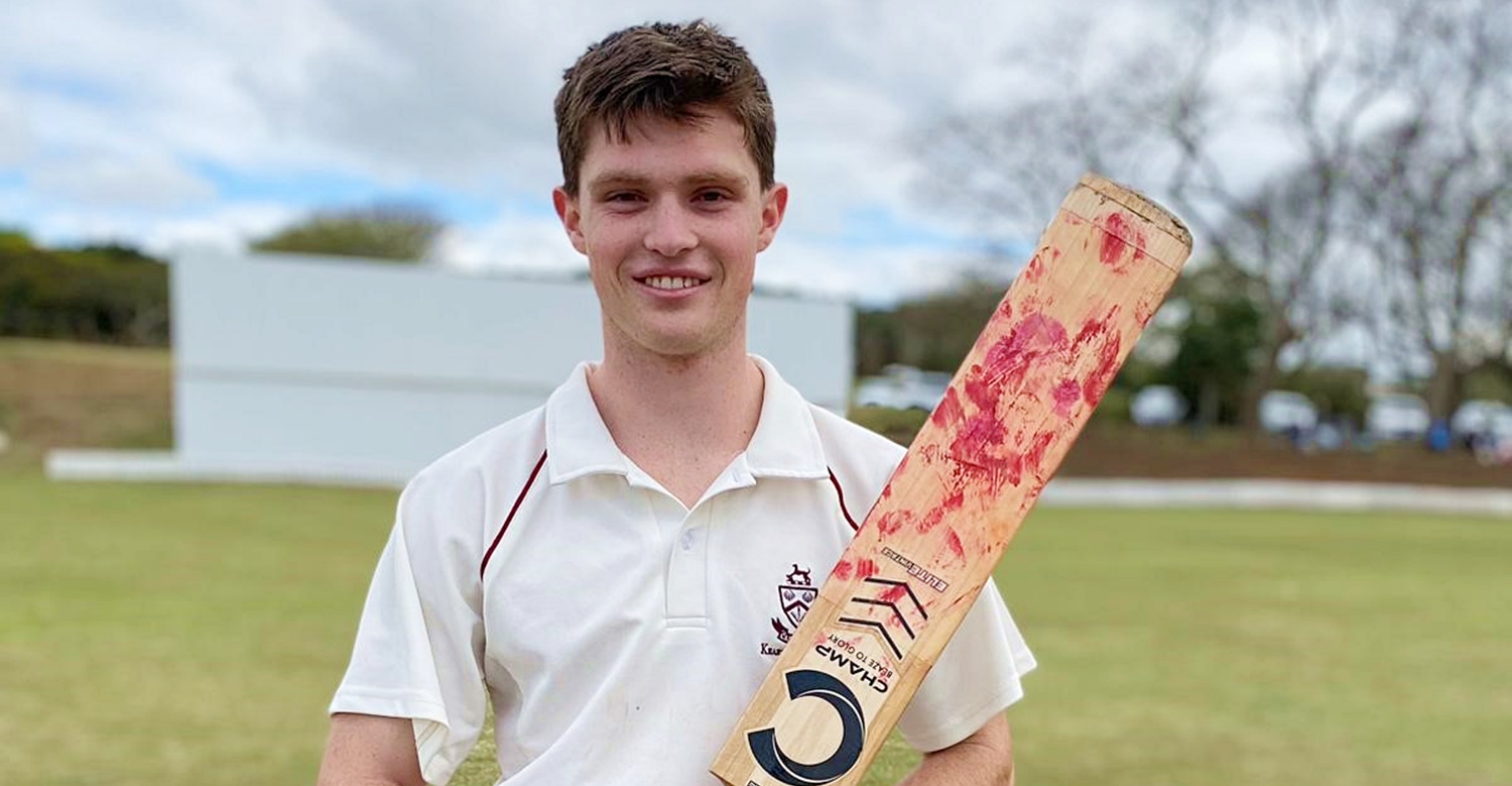 Bat in hand, and in a happy place, Kearsney College's 1st XI captain of 2023, Hayden Bishop.