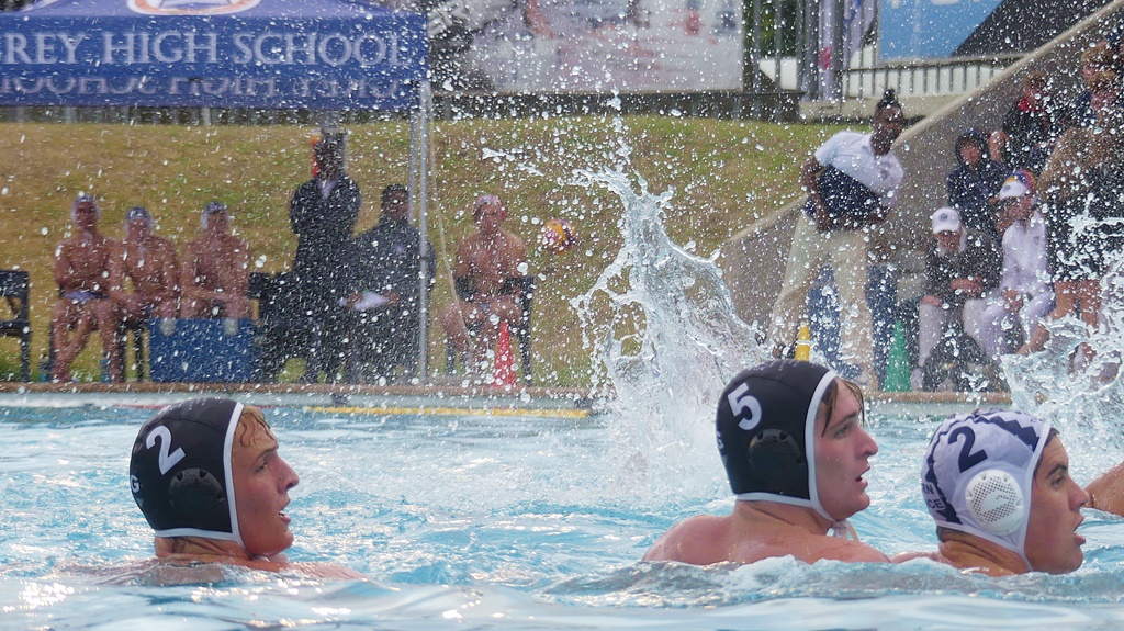 Three SA Schools players - Stef Swart (Hilton College), Mitchell Slade (Clifton College) and Noah Bigara (SACS) - follow the ball in the semi-final showdown between KwaZulu-Natal A and Western Province A. (Photo: Brad Morgan)