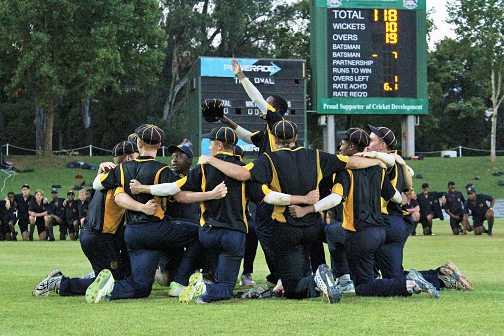 This photo, taken at the Dolphins' franchise final of the Coca-Cola T20, reflects the tight-knit nature of the Saints' 1st XI and just how much the whole school had bought into their success, with the supporters taking a knee in unison with the players all along the boundary.