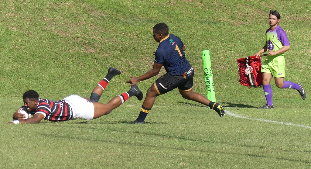 Nkululeko Sithole dived over for a try to finish off a fantastic counterattack by Maritzburg College, which covered more than three-quarters of the field. (Photo: Brad Morgan)