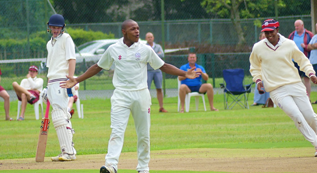 Maritzburg College's Sphamandla Dzanibe celebrates one of his three wickets against Kearsney. (Photo: Brad Morgan)